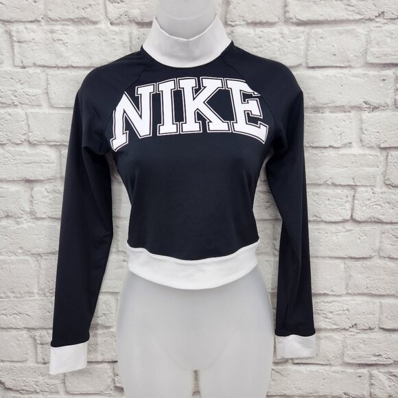 Nike Sportswear Team Long Sleeve High Neck Cropped Top Black White Logo XS - Picture 1 of 14